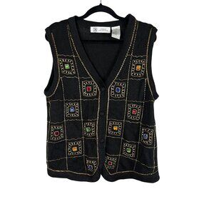 Retro Beaded Knit Sweater Vest Black XL Jeweled Colorful Boho Indie Festive 80s